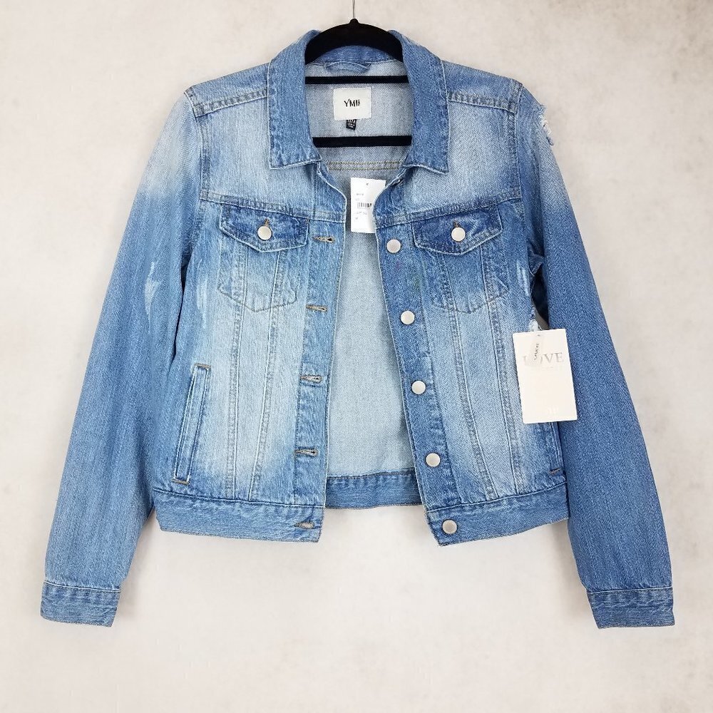 YMI Denim Jean Jacket Womens M Distressed Ripped Classic Fit Festival Moto Biker